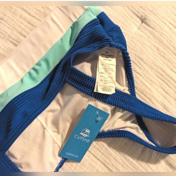 Cupshe Blue Bikini Medium High Waisted Swim Suit Bathing Suit New Colorblock - Picture 6 of 6